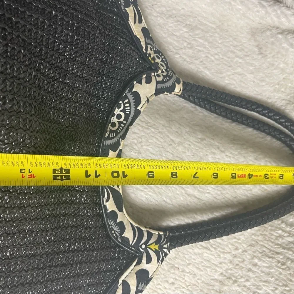Vera Bradley Straw Black Bucket Tote braided straps floral fabric trim.